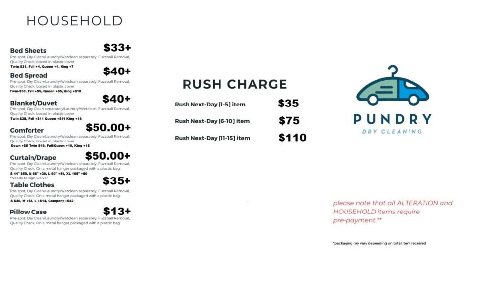 Dry Cleaning Pricing, Laundry Pricing, Price List