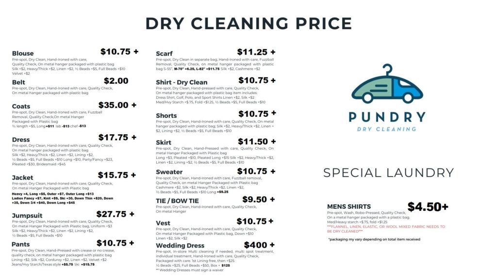 Dry Cleaning Pricing, Laundry Pricing, Price List